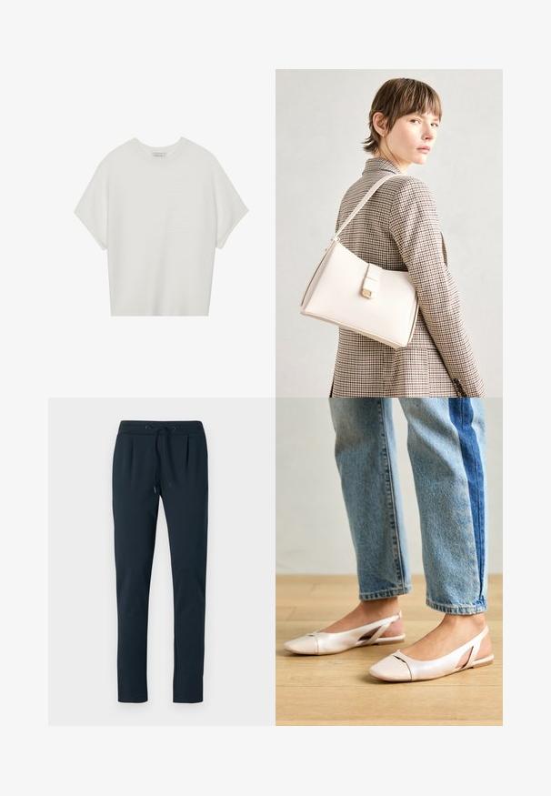 Camiseta branca de mangas curtas com um decote careca largo e um padrão texturizado canelado, feita de tecido suave, com um corte relaxado e um design limpo.; Joggers de algodão azul-escuro com cintura ajustável, pernas ajustadas e pregas na frente. Textura suave e design minimalista.; Sapatilhas slingback de cor rosa pálido com bico fino, feitas de um material semelhante a couro liso. Apresentam detalhes recortados nas laterais e um salto plano.; Bolsa de mão em couro branco com um design estruturado, apresentando um fecho magnético e uma alça de ombro, exibida sobre um fundo neutro.