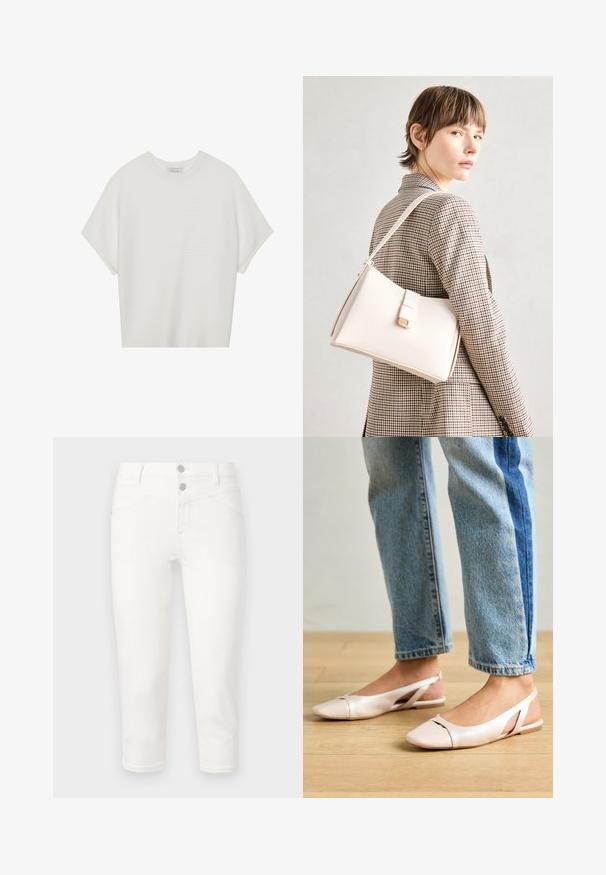Valkoinen lyhythihainen t-paita, jossa on leveä pyöreä kaula-aukko ja teksturoitu ribbikuvio, valmistettu pehmeästä kankaasta, rento malli ja siisti muotoilu.; Valkoiset lyhyet farkut, jotka on valmistettu puuvillasekoitekankaasta. Yhdessä etutaskut, takataskut ja sileä pinta. Metallinen napin sulkeminen.; Vaaleanpunaiset slingback-ballerinat, joissa on terävä kärki, valmistettu sileästä nahkamaisesta materiaalista. Sivujen leikkuuyksityiskohdat ja tasapohja.; Valkoinen nahkainen käsilaukku, jossa on jämäkkä muotoilu, magneettinen suljin ja olkahihna, esillä neutraalilla taustalla.