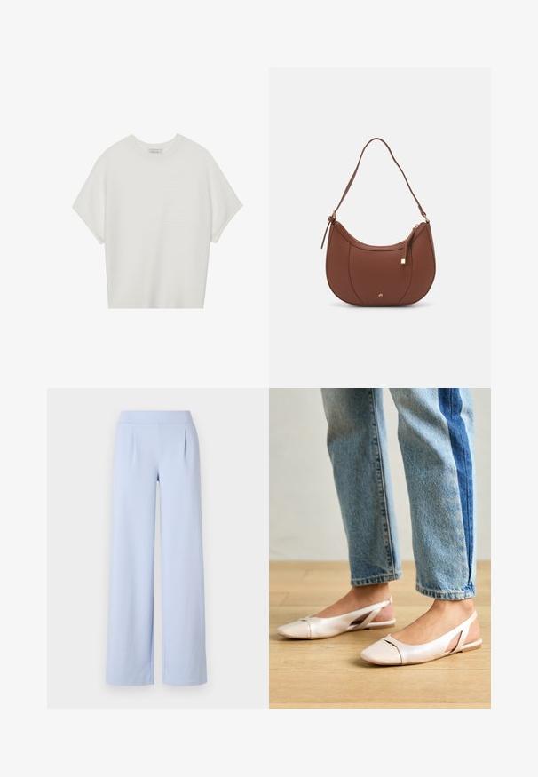 Camiseta branca de mangas curtas com um decote careca largo e um padrão texturizado canelado, feita de tecido suave, com um corte relaxado e um design limpo.; Calças largas de um azul claro, feitas de um tecido suave com uma textura lisa, apresentando uma cintura larga e pregas frontais subtis.; Sapatilhas slingback de cor rosa pálido com bico fino, feitas de um material semelhante a couro liso. Apresentam detalhes recortados nas laterais e um salto plano.; Mala de ombro em pele sintética castanha com forma curva, costura minimalista e detalhe em metal dourado. Apresenta fecho de zíper no topo e alça ajustável.