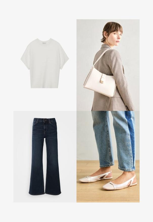 White short-sleeve t-shirt with a wide crew neck and textured ribbed pattern, made of soft fabric, featuring a relaxed fit and a clean design.; Mos Mosh HERA - Flared Jeans - dark blue; Pale pink slingback flats with a pointed toe, made from a smooth leather-like material. Features cut-out details at the sides and a flat heel.; White leather handbag with a structured design, featuring a magnetic clasp and a shoulder strap, showcased against a neutral background.