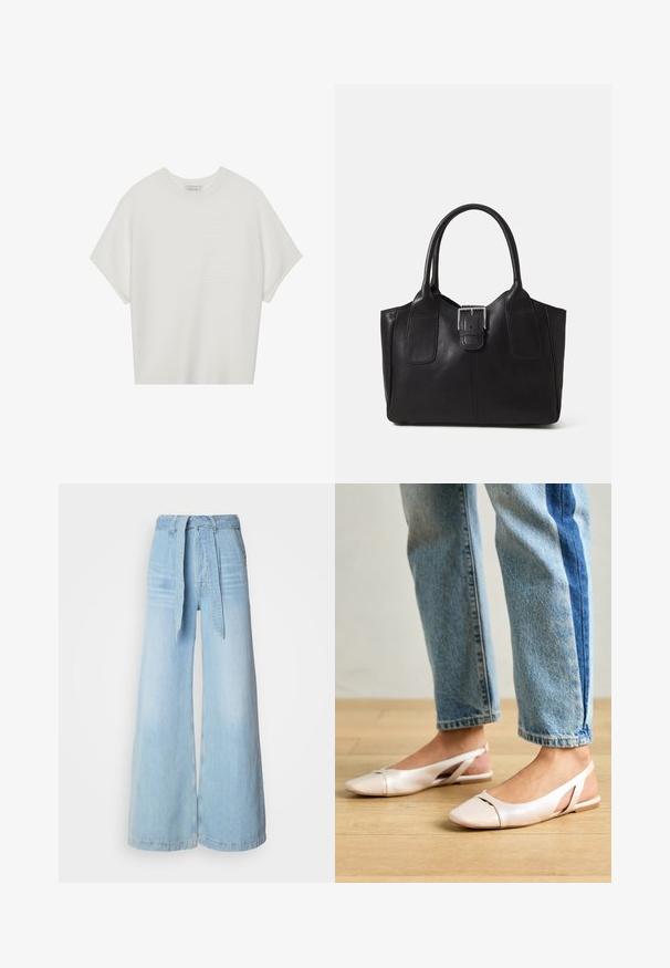 Tricou alb cu mânecă scurtă, cu guler larg și model texturat cu dungi, realizat dintr-un material moale, având o croială lejeră și un design curat.; Jeans largi de culoare albastru deschis cu talie înaltă, prevăzuți cu un brâu legat, buzunare laterale și o textură de denim ușor decolorată.; Sandalete plate de un roz pal cu vârf ascuțit, realizate dintr-un material asemănător pielii, neted. Prezintă detalii decupate pe laterale și un toc plat.; Geantă tote din piele neagră cu textură netedă, formă structurată, două mânere și un detaliu proeminent din aliaj de argint pe partea din față.