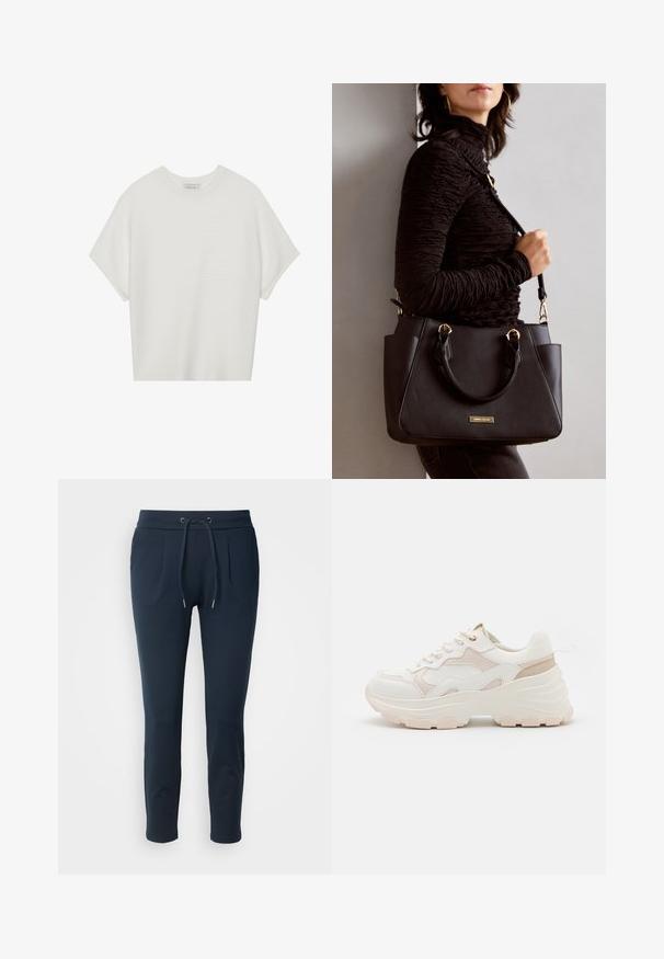 White short-sleeve t-shirt with a wide crew neck and textured ribbed pattern, made of soft fabric, featuring a relaxed fit and a clean design.; Navy blue jogger pants made of soft fabric, featuring an elastic waistband with drawstring, two side pockets, and slim-fit design.; White and light pink sneaker featuring a chunky sole, textured fabric, smooth leather accents, and decorative stitching details.; Black handbag with textured surface, dual top handles, and adjustable shoulder strap. Features gold-tone hardware and side pockets.