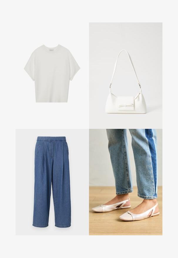 Bela majica s kratkimi rokavi in širokim ovratnikom ter teksturiranim rebrastim vzorcem, izdelana iz mehke tkanine, z udobnim krojem in čistim dizajnom.; Modri kavbojasti široki hlače z ohlapnim krojem, brez pasu z gumbi, s sprednjimi pregibi in dvema stranskima žepoma.; Svijetloružičaste slingback balerinke s šiljastim nožnim prstima, napravljene od glatkog materijala nalik koži. Imaju izrezane detalje sa strane i ravne pete.; Bela sintetična torbica v obliki trikotnika, z ravnim sprednjim poklopcem in detajlom mašne, nastavljivim trakom, gladko teksturo in minimalističnim dizajnom.