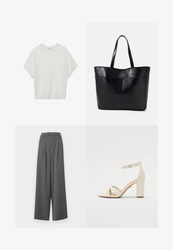 White short-sleeve t-shirt with a wide crew neck and textured ribbed pattern, made of soft fabric, featuring a relaxed fit and a clean design.; ONLY Tall ONLSVEA PANT - Trousers - dark grey; Cream-colored heeled sandal with a square toe, crisscross straps, ankle strap with buckle, and a chunky heel. Smooth leather texture.; Black leather tote bag with two long handles, a smooth texture, and a structured shape. Features a front pocket for additional storage.