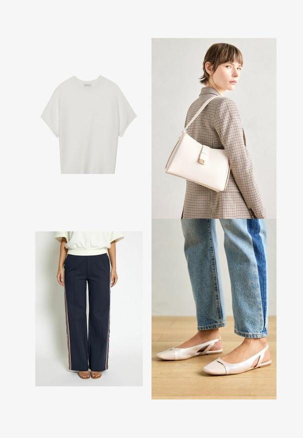 White short-sleeve t-shirt with a wide crew neck and textured ribbed pattern, made of soft fabric, featuring a relaxed fit and a clean design.; Navy wide-leg trousers made of smooth fabric, featuring side stripes in red, white, and blue. Detailed with front pleats.; Pale pink slingback flats with a pointed toe, made from a smooth leather-like material. Features cut-out details at the sides and a flat heel.; White leather handbag with a structured design, featuring a magnetic clasp and a shoulder strap, showcased against a neutral background.