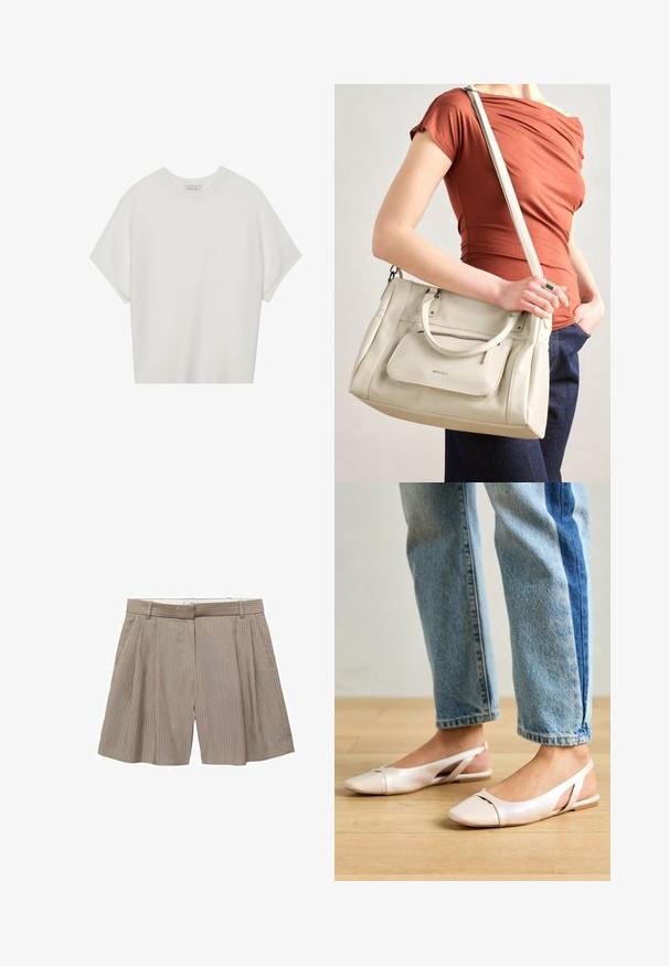 Hvid kortærmet t-shirt med en bred rund hals og struktureret ribbet mønster, lavet af blødt stof, med en afslappet pasform og et enkelt design.; Beige plisserede shorts lavet af stof med lodrette striber. Har en taljebånd med bæltestropper og en lige snit.; Lyserøde slingback flade sko med spidse tær, lavet af et glat læderlignende materiale. Har udskæringsdetaljer på siderne og en flad hæl.; Hvid lædertaske med dobbelte hanke og en aftagelig skulderrem, der har en lynlåslomme foran og en glat overflade. Bæres på en persons arm.