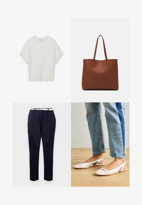Fehér, rövid ujjú póló széles kerek nyakkivágással és textúrázott, bordás mintával, puha anyagból készült, laza fazonú és letisztult dizájnú.; Tengerészekén járt nadrág, karcsú szabással, pamut anyagból, fehér övvel, aranyszínű csattal. Simább textúra, egyenes szárak, minimalista dizájn.; Világos rózsaszín slingback laposlábú cipők, hegyes orral, sima bőrhatású anyagból készült. Oldalt kivágott részletek találhatók rajta, valamint lapos sarkú.; Barna bőr vászontáska sima textúrával, nyitott tetejű dizájnnal és két vállpánttal. Minimális varrással és látható hardver nélkül készült.