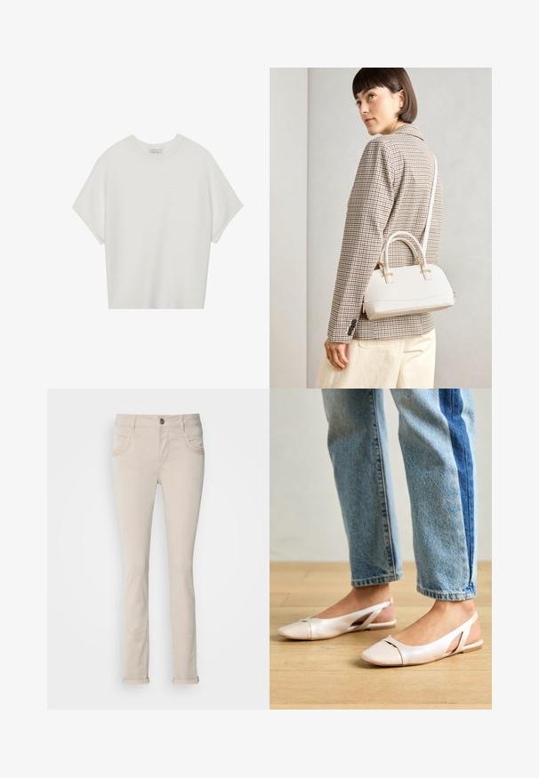 Camiseta branca de mangas curtas com um decote careca largo e um padrão texturizado canelado, feita de tecido suave, com um corte relaxado e um design limpo.; Calças de algodão bege com corte slim, apresentando dois bolsos frontais e punhos enrolados. Frente lisa com fecho de botão e detalhe de costura mínima.; Sapatilhas slingback de cor rosa pálido com bico fino, feitas de um material semelhante a couro liso. Apresentam detalhes recortados nas laterais e um salto plano.; Bolsa estruturada branca com alças curtas e uma alça de ombro, com detalhes em hardware dourado e material texturizado, exibida contra um fundo cinza.