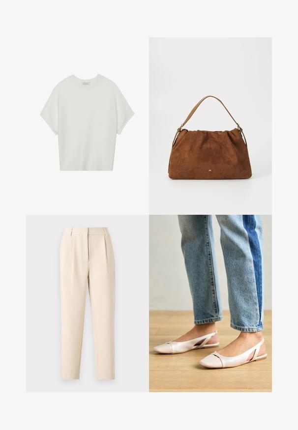 Bijela majica kratkih rukava s širokim okruglim izrezom i teksturiranim rebrastim uzorkom, izrađena od mekog materijala, s opuštenim krojem i čistim dizajnom.; Bež hlače s ravnim krojem, s nabranim dijelom sprijeda i glatkim završetkom. Tkanina izgleda lagano i teksturirano.; Svijetlo ružičaste slingback balerinke s šiljastim vrhom, izrađene od glatkog materijala nalik koži. Sadrže izrezane detalje sa strane i ravnu petu.; Smeđa nubuk torba s nabranim dizajnom, s jednim tamnim kožnim remenom i suptilnim zlatnim logotipom na prednjoj strani.