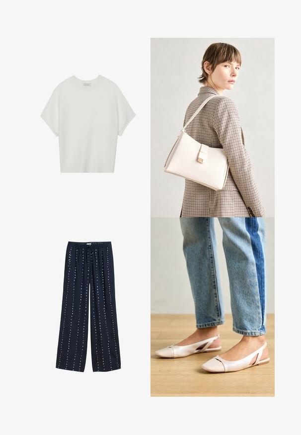 Fehér, rövid ujjú póló széles kerek nyakkivágással és textúrázott, bordás mintával, puha anyagból készült, laza fazonú és letisztult dizájnú.; Tengerészkék, széles lábú nadrág, húzós derékrésszel, sima felszíni textúrával és függőlegesen elhelyezett fehér pöttyös mintával.; Világos rózsaszín slingback laposlábú cipők, hegyes orral, sima bőrhatású anyagból készült. Oldalt kivágott részletek találhatók rajta, valamint lapos sarkú.; Fehér bőr táska strukturált dizájnnal, mágneses záródással és vállpánttal, semleges háttér előtt bemutatva.