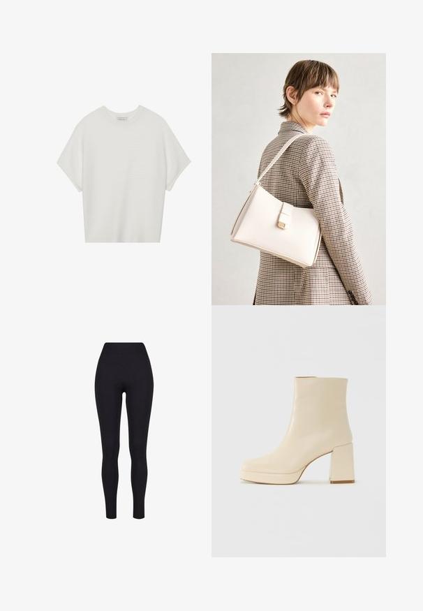 Bílý krátký rukáv tričko s širokým kulatým výstřihem a texturovaným žebrovaným vzorem, vyrobené z měkké látky, s uvolněným střihem a čistým designem.; Černé legíny s vysokým pasem, vyrobené z elastické tkaniny, s hladkým povrchem a těsným střihem bez viditelných švů nebo vzorů.; Béžová kožená kotníková bota s blokovým podpatkem a platformovou podrážkou, hladký povrch a mírně čtvercová špička, otočená vlevo na bílém pozadí.; Bílá kožená kabelka se strukturálním designem, s magnetickým uzávěrem a ramenním popruhem, prezentovaná na neutrálním pozadí.