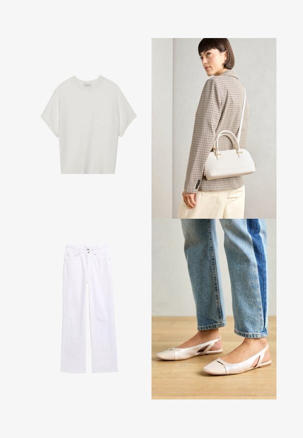 Valge lühikeste varrukatega T-särk laia ümaraha kaelusega ja tekstureeritud ribapatterniga, pehmest kangast, lõdva istuvuse ja puhta disainiga.; Valged denimi laiad püksid on varustatud nupu ja lipiku sulgemisega, kahte esi-taskut ning puhta, kaunistusteta disainiga.; Kahvatu roosa slingback lapikute jalatsite paar, millel on terav varvas, valmistatud siledast nahataolisest materjalist. Omab külgedel lõikekohti ja lapikut kontsa.; Valge struktureeritud käekott lühikeste käepidemete ja õlavööga, millel on kuldse riistvara aktsendid ja tekstuuriga materjal, eksponeeritud halli taustal.