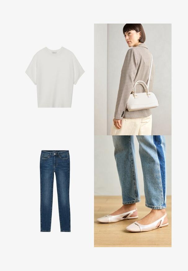 Balta trumpa rankovėmis marškinėliai su plačiu apykakle ir tekstūruotu gumbelių raštu, pagaminti iš minkštos medžiagos, pasižymintys laisvu siluetu ir tvarkingu dizainu.; Lieknos džinsai, pagaminti iš tamsiai mėlynos džinsinės medžiagos, turintys klasikinį penkių kišenių dizainą, tiesius siūlus ir mygtuko bei užtrauktuko uždarymą.; Šviesiai rožiniai slingback baleto bateliai su smailiu pirštu, pagaminti iš lygios odai panašios medžiagos. Yra išpjovimų detalės šonuose ir plokščias kulnas.; Balta struktūruota rankinė su trumpomis rankenomis ir peties diržu, su auksinėmis detalėmis ir tekstūruota medžiaga, pastatyta prieš pilką foną.