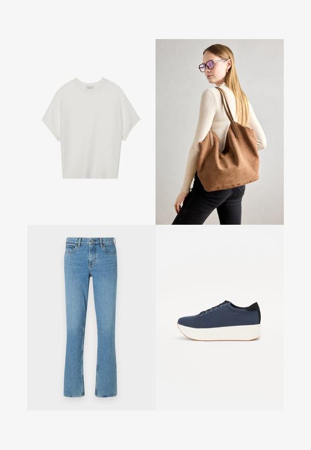 Valge lühikeste varrukatega T-särk laia ümaraha kaelusega ja tekstureeritud ribapatterniga, pehmest kangast, lõdva istuvuse ja puhta disainiga.; Heledad sinine teksapüksid, flöödid, viie taskuga disain, nööpidega sule ja kerge pleekimine. Ei mingeid nähtavaid mustreid ega kaunistusi.; Tumedat sinised tennised tekstureeritud riidest pealispinnaga, valge platvormi tallaga, ümarate varvaste ja musta kontsapaneeliga. Omab kuut silma paelte jaoks.; Pruunist suedi kott pehme tekstuuriga, suure ava ja pikkade rihmadega. Omab lihtsat disaini nähtava õmblusega ja ilma metalldetailideta.