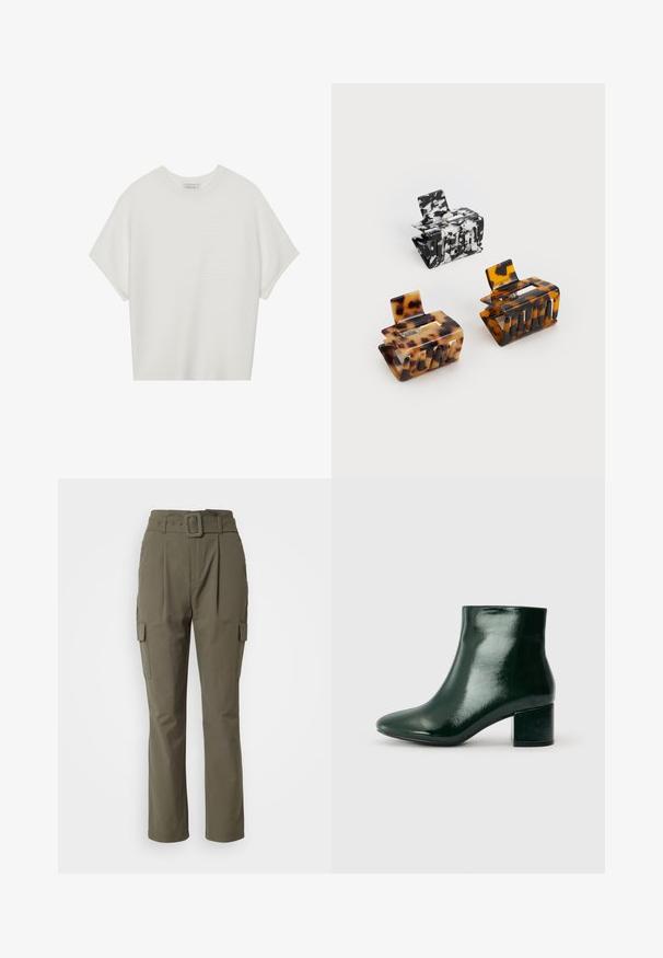 Valge lühikeste varrukatega T-särk laia ümaraha kaelusega ja tekstureeritud ribapatterniga, pehmest kangast, lõdva istuvuse ja puhta disainiga.; Olivroheline cargo-püksid, millel on vöökoht, sirged jalad, kaks küljetaskut ja sile kangas.; Rohelised patendikangast pahkluu saapad, millel on ümar nina ja plokk-kand. Sile tekstuur läikiva viimistlusega, mis esitleb kaasaegset disaini.; Kolm juukseklambrit: üks must-valge marmoriga, kaks kilpkonnakuulist pruunides ja mustades toonides, kõik läikivast plastist ja tekstureeritud pinnaga.