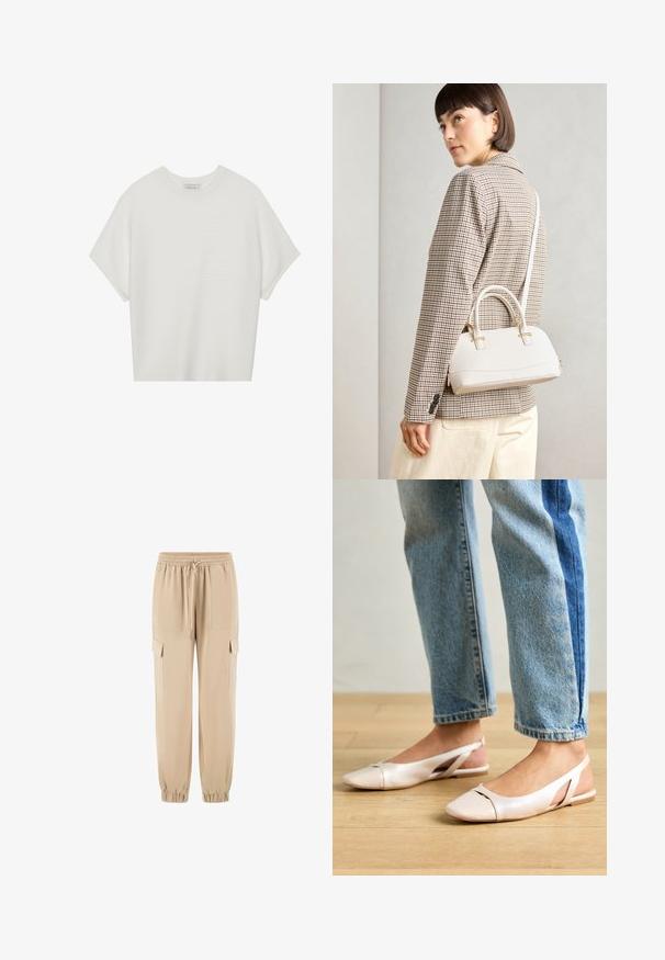 Fehér, rövid ujjú póló széles kerek nyakkivágással és textúrázott, bordás mintával, puha anyagból készült, laza fazonú és letisztult dizájnú.; Beige színű cargo nadrág, puha anyagból, rugalmas derékkal, zsinórral és oldalsó zsebekkel. Fokozatosan szűkülő lábakkal és rugalmas szegélyekkel.; Világos rózsaszín slingback laposlábú cipők, hegyes orral, sima bőrhatású anyagból készült. Oldalt kivágott részletek találhatók rajta, valamint lapos sarkú.; Fehér, strukturált kézitáska rövid füllel és vállpánttal, arany színű fém kiegészítőkkel és texturált anyagból, szürke háttér előtt bemutatva.