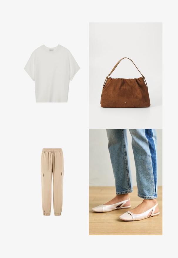 Fehér, rövid ujjú póló széles kerek nyakkivágással és textúrázott, bordás mintával, puha anyagból készült, laza fazonú és letisztult dizájnú.; Beige színű cargo nadrág, puha anyagból, rugalmas derékkal, zsinórral és oldalsó zsebekkel. Fokozatosan szűkülő lábakkal és rugalmas szegélyekkel.; Világos rózsaszín slingback laposlábú cipők, hegyes orral, sima bőrhatású anyagból készült. Oldalt kivágott részletek találhatók rajta, valamint lapos sarkú.; Barna velúr kézitáska, gyűjtött kialakítással, egyetlen világosbarna bőrszíjjal és egy diszkrét arany logós részlettel az elején.