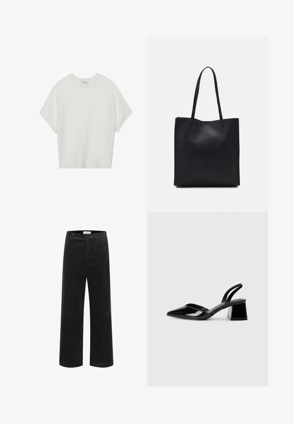 Fehér, rövid ujjú póló széles kerek nyakkivágással és textúrázott, bordás mintával, puha anyagból készült, laza fazonú és letisztult dizájnú.; Fekete kordbársony széles szárú nadrág, függőleges bordázással, formázott derékrésszel és sima elülső résszel. Az anyag lágy hatású, enyhe fényével.; Fekete lakk bőr szandálkés magas sarkú cipő, hegyes orral és geometrikus tömbsarkakkal. Karcsú, minimalista dizájn és sima textúra jellemzi.; Fekete bőrtáska sima felszínnel, téglalap alakú, két hosszú füllel. Nincs látható fémkiegészítő vagy díszítés.