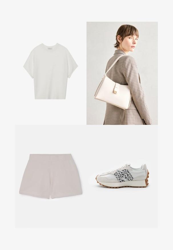 Balta trumpa rankovėmis marškinėliai su plačiu apykakle ir tekstūruotu gumbelių raštu, pagaminti iš minkštos medžiagos, pasižymintys laisvu siluetu ir tvarkingu dizainu.; Elastiniai, smėlio spalvos medvilniniai šortai su tekstūruota apdaila, tiesaus kirpimo, be matomų kišenių ar detalių.; Baltos sportiniai bateliai su pilkais leopardų raštais, pagaminti iš zomšos ir odos medžiagų, su tekstūruota padu ir guminiu išoriniu padu, apvaliu nosiu ir šnuromis.; Balto odos rankinė su struktūrizuotu dizainu, turinti magnetinį užsegimą ir petnešą, demonstruojama prieš neutralią foną.