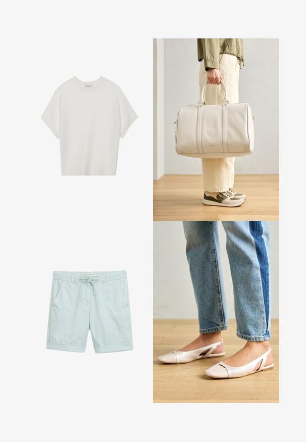 Valkoinen lyhythihainen t-paita, jossa on leveä pyöreä kaula-aukko ja teksturoitu ribbikuvio, valmistettu pehmeästä kankaasta, rento malli ja siisti muotoilu.; Vaaleansiniset raidalliset shortsit, jotka on valmistettu kevyestä kankaasta ja joissa on nauhakuja, käännetyt lahkeet ja sivutaskut.; Vaaleanpunaiset slingback-ballerinat, joissa on terävä kärki, valmistettu sileästä nahkamaisesta materiaalista. Sivujen leikkuuyksityiskohdat ja tasapohja.; Valkoinen nahkaduffelitasku, jossa on kaksi tukevata kahvaa, sileä pinta ja hienovaraiset logotiedot, pidetään henkilön toimesta, joka on pukeutunut vaalencareisiin housuihin.