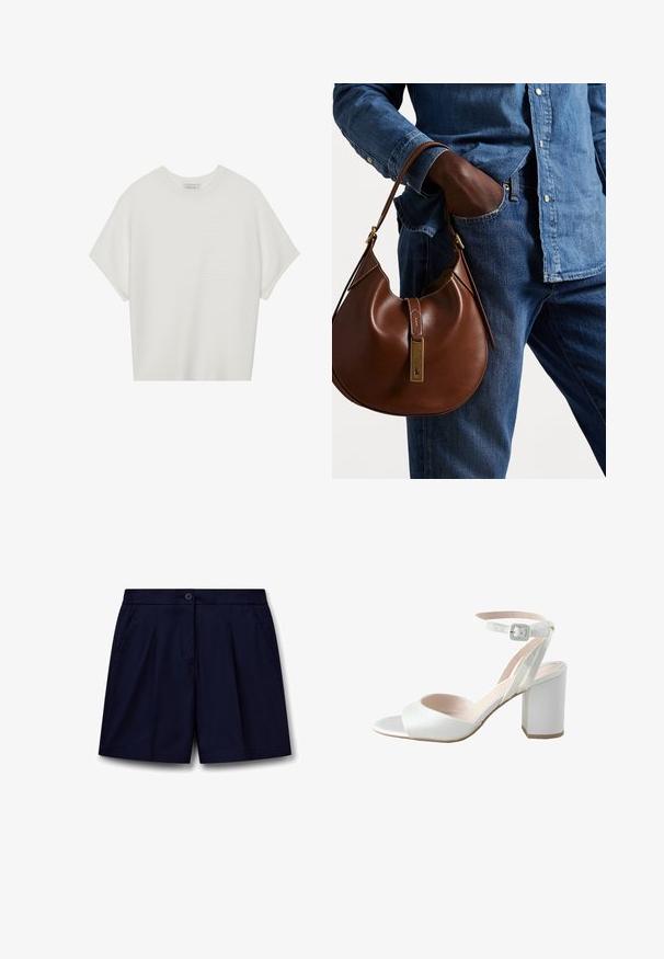 Witte T-shirt met korte mouwen, een brede ronde hals en een gestructureerd ribpatroon, gemaakt van zachte stof. Het shirt heeft een ontspannen pasvorm en een strakke uitstraling.; Marineblauwe shorts van gladde stof, met een knoopsluiting, elastische tailleband, plooien aan de voorkant en zijzakken.; Witte hoge hak sandalen met een glanzende satijnen bovenkant, brede blokhak en enkelbandje met een kleine gesp. Glad van textuur, minimalistisch ontwerp.; Bruine leren hobo tas met een rondvorm, voorzien van een gouden hardwareaccent en contrasterende stiksels. Gecombineerd met een denim shirt en jeans.