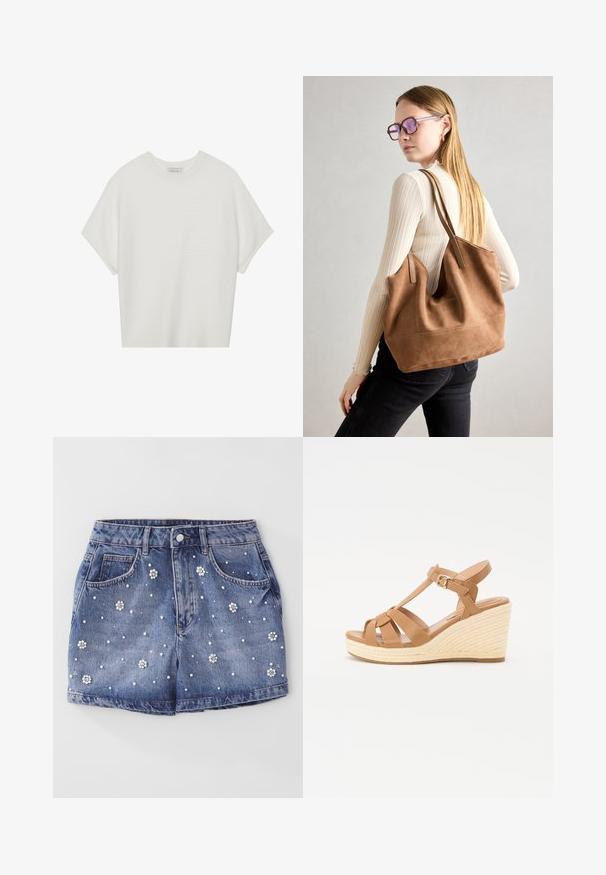 Balta trumpa rankovėmis marškinėliai su plačiu apykakle ir tekstūruotu gumbelių raštu, pagaminti iš minkštos medžiagos, pasižymintys laisvu siluetu ir tvarkingu dizainu.; Šviesiai mėlyni džinsiniai šortai su dekoratyviniais perlais ir gėlėmis, išsidėsčiusiais ant audinio, ir tradicine penkių kišenių konstrukcija.; Šviesiai rusvi platforminiai sandalai su kryžminiu dirželiu, reguliuojamu kulkšnies sagtim ir tekstūruotu pintiniu espadrilės tipo platformu.; Ruda zomšos rankinė su minkšta tekstūra, dideliu atidarymu ir ilgomis diržais. Pasižymi paprastu dizainu, matomomis siūlėmis ir be aksesuarų.