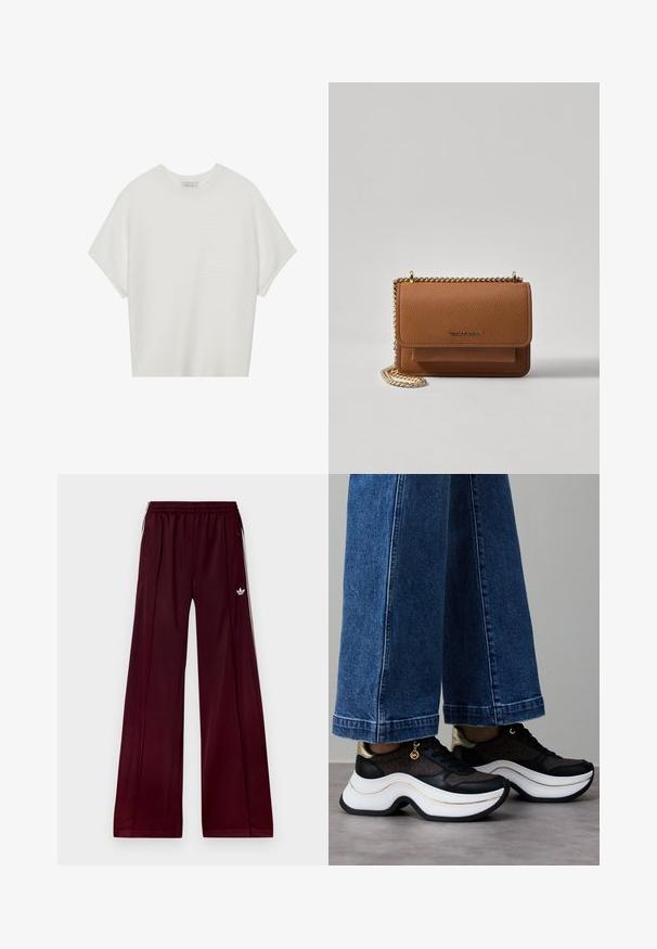 Hvit t-skjorte med korte ermer, bred rund hals og teksturert ribbet mønster, laget av myk stoff, med en avslappet passform og et enkelt design.; Burgunderfargede treningsbukser med en avslappet passform, laget av glatt materiale, med to sidelommer og hvite kontraststriper langs sidene.; Svarte og gullfargede sneakers med buet hvit såle. Strukturert stoff med logodetaljer. Kombinert med vide blå denimbukser.; Brun teksturert lær crossover-veske med gullkjede-stropp og klaffelukking. Fronten har logo-detalj og en lomme under klaffen.