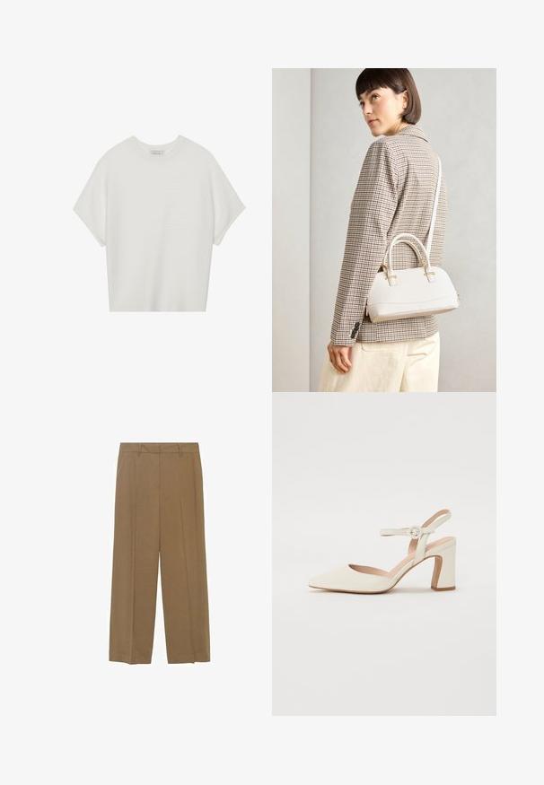 Bela majica s kratkimi rokavi in širokim ovratnikom ter teksturiranim rebrastim vzorcem, izdelana iz mehke tkanine, z udobnim krojem in čistim dizajnom.; Široke hlače iz lahkega materiala v enotni rjavi barvi, z dvema sprednjima gubama in prilegajočim pasom.; Čevlji s koničastim nosom v kremni barvi z blokastim peto. Imajo tanki trak okoli gležnja z okroglo sponko in gladko usnjeno teksturo.; Bela strukturirana torba z kratkimi ročaji in naramnim trakom, z zlatimi okrasnimi elementi in teksturiranim materialom, prikazana na sivi podlagi.