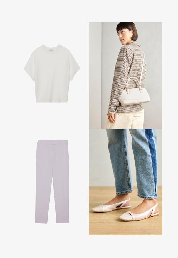 Biela tričko s krátkym rukávom a širokým okrúhlym výstrihom, s textúrovaným rebrovaným vzorom, vyrobené z mäkkej látky, s uvoľneným strihom a čistým dizajnom.; Svetlofialové nohavice vyrobené z hladkej látky, s prispôsobeným strihom, pútkami na opasok a rovnými nohavicami.; Svetloružové slingback baleríny s jemne špicatou špičkou, vyrobené z hladkého materiálu pripomínajúceho kožu. Majú výrezové detaily na stranách a plochý opätok.; Biela štruktúrovaná kabelka s krátkymi rúčkami a ramenným popruhom, s zlatými kovovými prvkami a textúrovaným materiálom, vystavená na šedom pozadí.