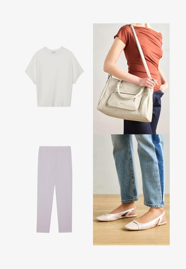 Valkoinen lyhythihainen t-paita, jossa on leveä pyöreä kaula-aukko ja teksturoitu ribbikuvio, valmistettu pehmeästä kankaasta, rento malli ja siisti muotoilu.; Vaaleanliilat housut, jotka on valmistettu sileästä kankaasta ja joissa on säädetty istuvuus, vyölenkit ja suora lahje.; Vaaleanpunaiset slingback-ballerinat, joissa on terävä kärki, valmistettu sileästä nahkamaisesta materiaalista. Sivujen leikkuuyksityiskohdat ja tasapohja.; Valkoinen nahkainen käsilaukku, jossa on kaksinkertaiset kahvat ja irrotettava hihna. Edessä on vetoketjullinen tasku ja pinta on sileä. Laukkua kantaa henkilö kyynärvarressaan.