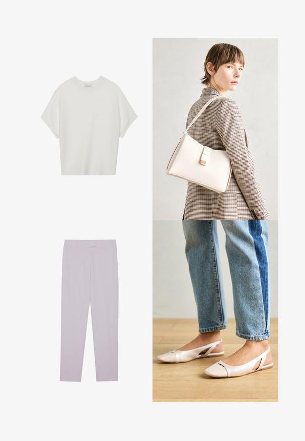 Biela tričko s krátkym rukávom a širokým okrúhlym výstrihom, s textúrovaným rebrovaným vzorom, vyrobené z mäkkej látky, s uvoľneným strihom a čistým dizajnom.; Svetlofialové nohavice vyrobené z hladkej látky, s prispôsobeným strihom, pútkami na opasok a rovnými nohavicami.; Svetloružové slingback baleríny s jemne špicatou špičkou, vyrobené z hladkého materiálu pripomínajúceho kožu. Majú výrezové detaily na stranách a plochý opätok.; Biely kožený kabelka so štruktúrovaným dizajnom, s magnetickým uzáverom a ramenným popruhom, vystavená na neutrálnom pozadí.