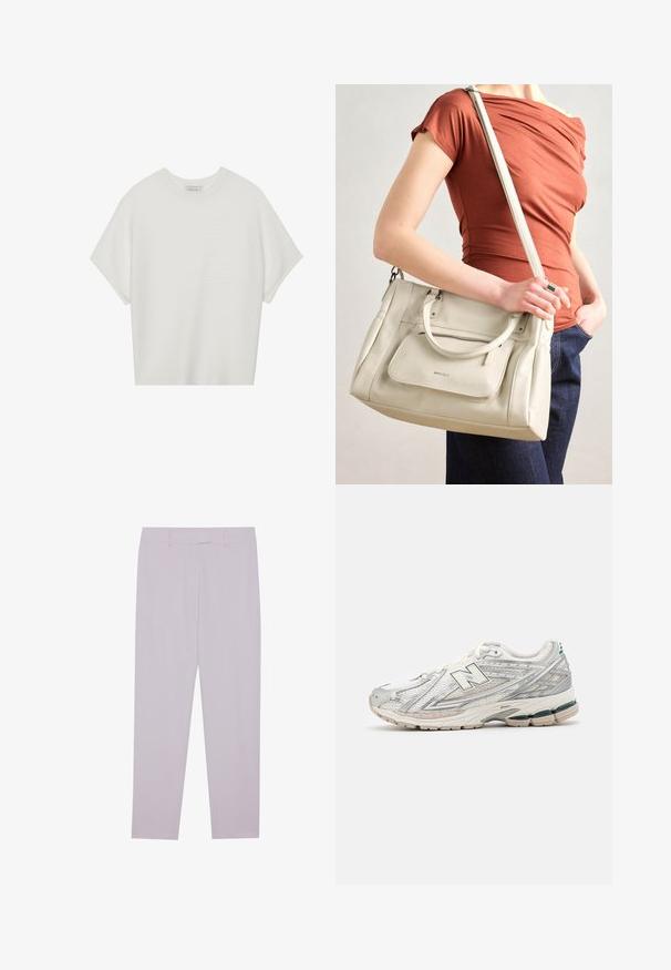 T-shirt blanc à manches courtes avec un large col rond et un motif côtelé texturé, fabriqué en tissu doux, présentant une coupe décontractée et un design épuré.; Pantalons violet clair en tissu lisse, dotés d'une coupe ajustée, de passants de ceinture et d'une coupe droite.; La chaussure de course présente une tige en mesh argentée et blanche avec un accent vert. La semelle est épaisse et texturée, conçue pour l'amortissement et le soutien.; Sac à main en cuir blanc avec des poignées doubles et une bandoulière amovible, doté d'une poche zippée à l'avant et d'une texture lisse. Porté au bras d'une personne.