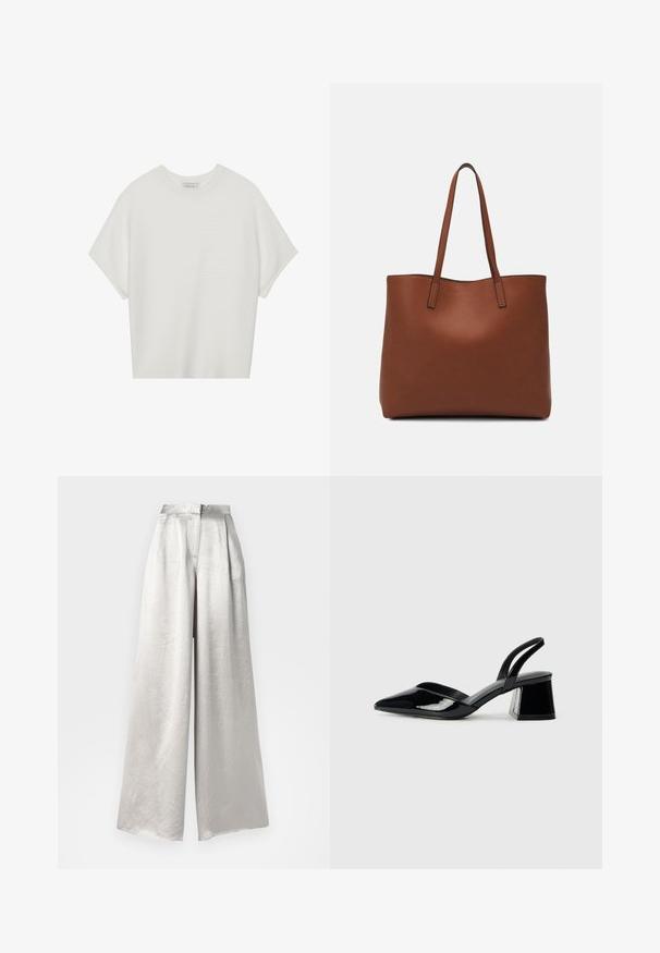 Weißes T-Shirt mit kurzen Ärmeln, weitem Rundhalsausschnitt und strukturiertem Rippenmuster, aus weichem Stoff, mit legerer Passform und einem klaren Design.; Silberne weite Hose aus einem crinkled Textil, mit hoher Taille und einemReißverschluss hinten.; Schwarze Lackleder-Slingback-High Heels mit spitzem Schuh und einem geometrischen Blockabsatz. Verfügt über ein schlankes, minimalistisches Design und eine glatte Textur.; Braune Leder-Tote mit glatter Textur, offenem Oberteil und zwei Schulterriemen. Verfügt über minimale Nähte und keine sichtbaren Beschläge.