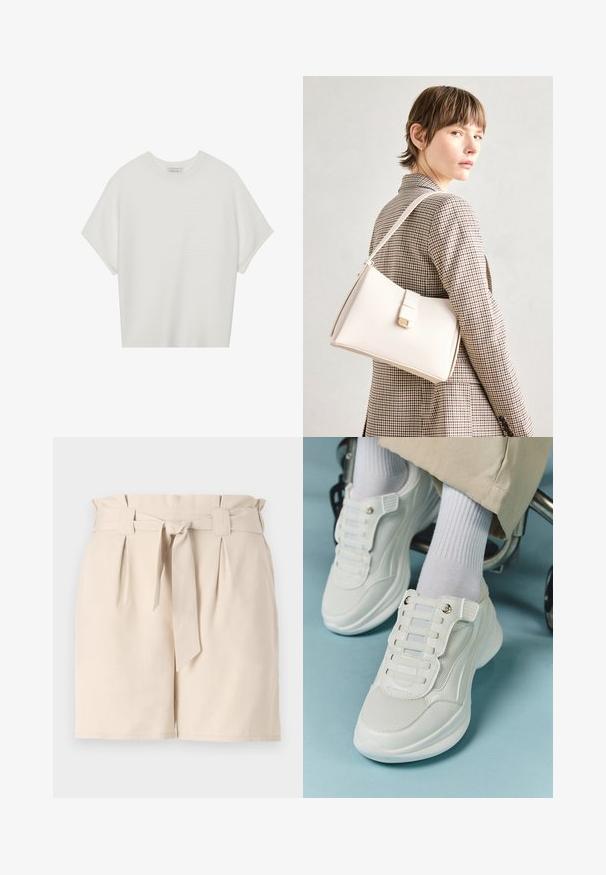 Bijela majica kratkih rukava s širokim okruglim izrezom i teksturiranim rebrastim uzorkom, izrađena od mekog materijala, s opuštenim krojem i čistim dizajnom.; Bež kratke hlače krojene od laganog materijala, s pojasom na struku, detaljima nabora i ravnim krojem.; Bijele tenisice s mrežastim materijalom, gumeni potplat, dizajn bez vezica s elastičnim trakama i zlatnim detaljima.; Bijela kožna torba s čvrstim dizajnom, s magnetskim kopčanjem i remenom za rame, prikazana na neutralnoj pozadini.