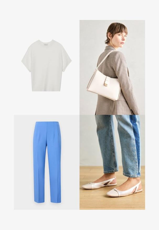 Biała koszulka z krótkim rękawem o szerokim dekolcie, wykonana z miękkiego materiału, z fakturowanym prążkowanym wzorem, charakteryzująca się luźnym krojem i minimalistycznym designem.; Niebieskie dopasowane spodnie wykonane z gładkiego materiału, z bocznymi kantami, o prostym kroju i czystym pasie. Bez widocznych elementów metalowych czy wzorów.; Jasnoróżowe baleriny na odkrytej pięcie z wąskim noskiem, wykonane z gładkiego materiału imitującego skórę. Posiadają wycięcia po bokach oraz płaski obcas.; Biała skórzana torebka o strukturalnym wzorze, z magnetycznym zapięciem i paskiem na ramię, zaprezentowana na neutralnym tle.