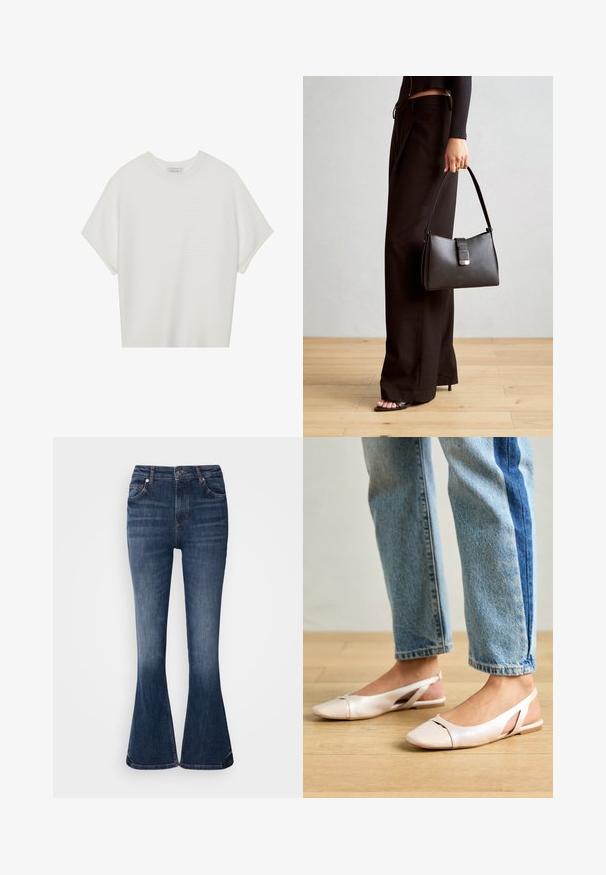 Fehér, rövid ujjú póló széles kerek nyakkivágással és textúrázott, bordás mintával, puha anyagból készült, laza fazonú és letisztult dizájnú.; Sötétkék farmer, flared fazonú nadrág, magas derékkal, elülső zsebekkel és finoman kopott területekkel a combokon. Varrott részletek a deréknál és a szegnél.; Világos rózsaszín slingback laposlábú cipők, hegyes orral, sima bőrhatású anyagból készült. Oldalt kivágott részletek találhatók rajta, valamint lapos sarkú.; Fekete kézi táska strukturált formával, sima textúrával és fémből készült záródással. Széles fekete nadrággal és nyitott orrú szandállal párosítva, fából készült padlón.