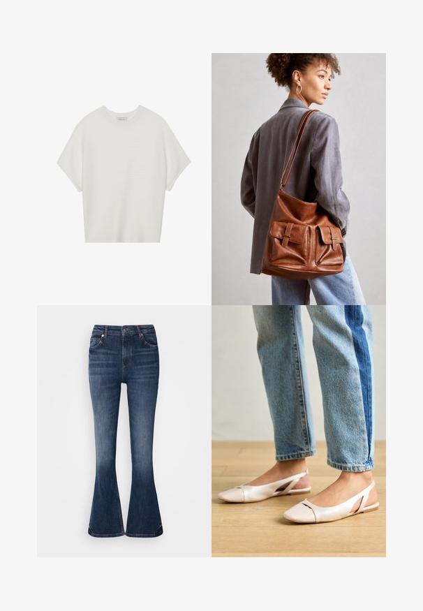 Balta īsā piedurknē T-krekls ar plašu apļa kaklu un teksturētu ribu rakstu, izgatavots no mīksta auduma, ar brīvu piegriezumu un tīru dizainu.; Tumši zili džinsi ar platām kājām un augstu vidukli, ar priekšējiem kabatām un nedaudz izbalējušām vietām gar augšstilbiem. Šuves detaļas viduklī un apakšmalā.; Bālti rozā siksniņu dzīvokļi ar smailu purngalu, izgatavoti no gludas ādas līdzīgās materiāla. Iezīmē izgriezumu detaļas sānos un platu papēdi.; Brūns ādas spainīšu soma ar divām priekšējām kabatām ar sprādžu akcentiem. Somai ir gluda tekstūra un regulējama siksna.