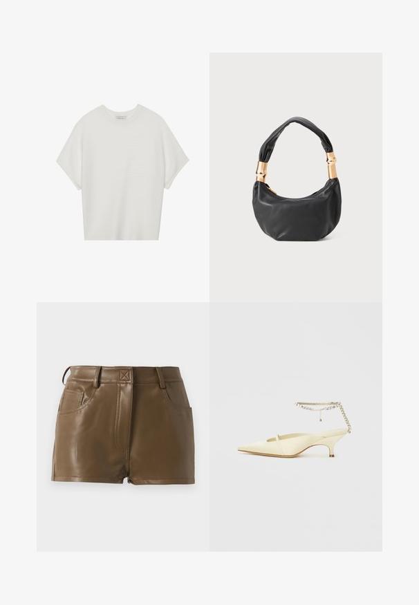 Camiseta branca de mangas curtas com um decote careca largo e um padrão texturizado canelado, feita de tecido suave, com um corte relaxado e um design limpo.; Calções de pele sintética castanha com um design justo, cintura com passantes para cinto, bolsos frontais e detalhes de costura visíveis.; Sapatilha slingback amarela em cetim com bico fino, salto baixo e uma tira de tornozelo decorativa com corrente e strass. Textura suave e design minimalista.; Mala de mão em couro preto com forma redonda, textura suave e alça com nó, apresentando detalhes em metal dourado. Fecho em zíper.