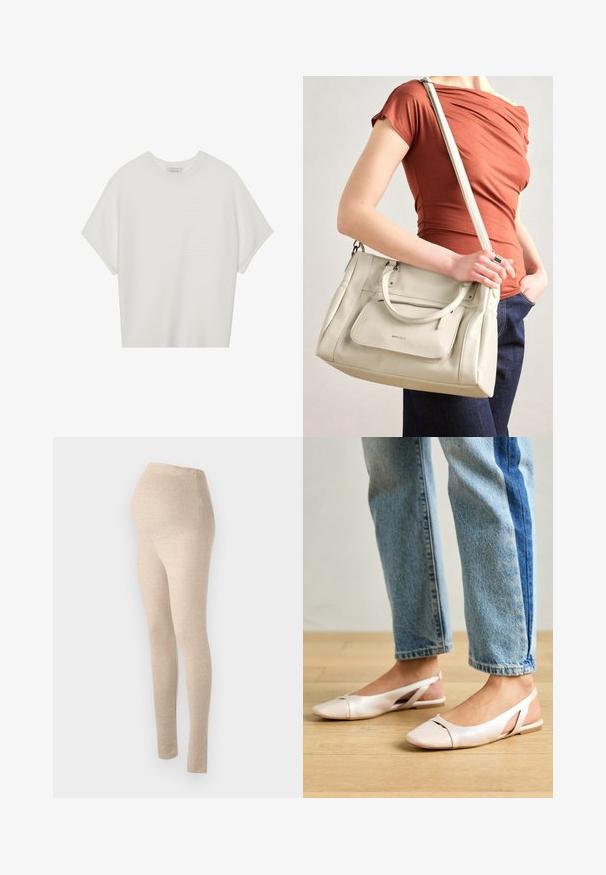 T-shirt blanc à manches courtes avec un large col rond et un motif côtelé texturé, fabriqué en tissu doux, présentant une coupe décontractée et un design épuré.; Leggings de maternité beiges avec une taille haute, fabriqués en tissu doux et extensible, avec un design ajusté et une texture lisse.; Ballerines slingback rose pâle avec un bout pointu, fabriquées en un matériau semblable au cuir lisse. Présentent des découpes sur les côtés et un talon plat.; Sac à main en cuir blanc avec des poignées doubles et une bandoulière amovible, doté d'une poche zippée à l'avant et d'une texture lisse. Porté au bras d'une personne.