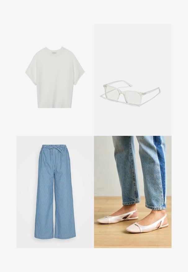 T-shirt blanc à manches courtes avec un large col rond et un motif côtelé texturé, fabriqué en tissu doux, présentant une coupe décontractée et un design épuré.; Pantalons larges à rayures bleues avec une taille élastique et un cordon de serrage. Le tissu est léger, arborant des rayures blanches verticales pour le contraste.; Ballerines slingback rose pâle avec un bout pointu, fabriquées en un matériau semblable au cuir lisse. Présentent des découpes sur les côtés et un talon plat.; Lunettes carrées en plastique transparent avec des verres translucides, dotées d'accents dorés sur les branches pour plus de détails.