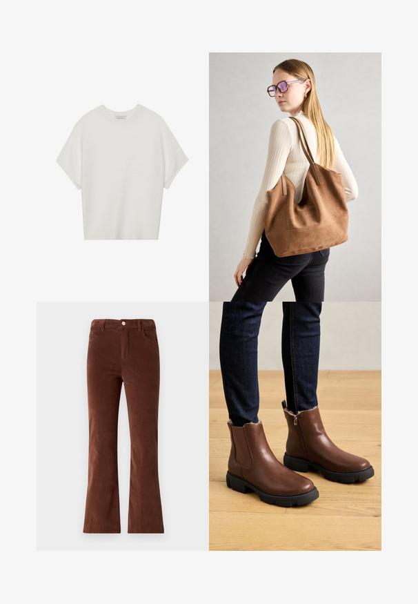 White short-sleeve t-shirt with a wide crew neck and textured ribbed pattern, made of soft fabric, featuring a relaxed fit and a clean design.; Brown corduroy flared pants with a mid-rise waist, featuring a button closure and two front pockets. Smooth texture and consistent color.; Brown leather ankle boots with a zip closure, textured surface, thick black rubber sole, and soft fur lining at the ankle.; Brown suede tote bag with soft texture, large opening, and long straps. Features a simple design with visible stitching and no hardware.