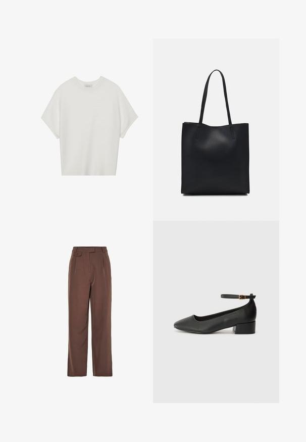T-shirt blanc à manches courtes avec un large col rond et un motif côtelé texturé, fabriqué en tissu doux, présentant une coupe décontractée et un design épuré.; Pantalons larges tissés marron avec une taille haute, des plis à l'avant et un détail de bouton. Texture lisse avec un design ajusté.; Escarpin en cuir noir avec un bout pointu et un petit talon bloc. Doté d'une bride de cheville avec une boucle dorée. Texture lisse.; Sac fourre-tout en cuir noir avec une texture lisse, de forme rectangulaire et deux longues poignées. Pas de matériel ou d'ornementations visibles.