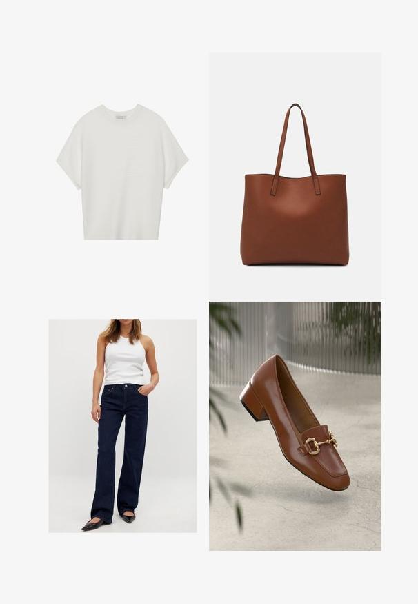 Balta īsā piedurknē T-krekls ar plašu apļa kaklu un teksturētu ribu rakstu, izgatavots no mīksta auduma, ar brīvu piegriezumu un tīru dizainu.; Tumši zili platajām džinsām, kas izgatavotas no denima, ar klasisku piecu kabatu dizainu un metāla pogas aizdari. Valkā ar baltu topiņu.; Brūni lakoti ādas loaferi ar kvadrātu purngalu, metālisku ķēdes akcentu un zemu blokveida papēdi; gluda tekstūra, minimālisma dizains.; Brūna ādas iepirkumu soma ar gludu tekstūru, atvērta augšdaļa un divas plecu siksnas. Izceļas ar minimālām šuvēm un redzamu aparatūru nav.