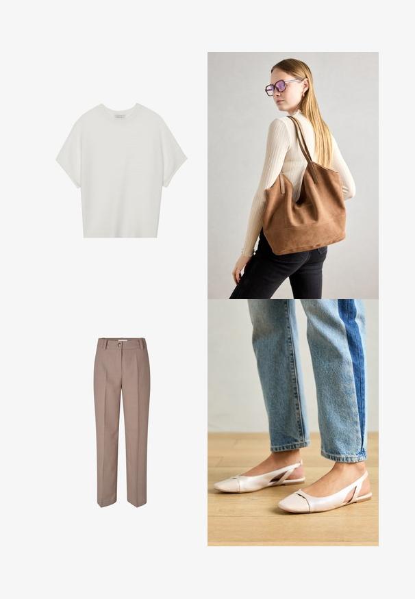 T-shirt blanc à manches courtes avec un large col rond et un motif côtelé texturé, fabriqué en tissu doux, présentant une coupe décontractée et un design épuré.; Pantalons beige ajustés avec une coupe droite, dotés d'une fermeture à bouton et d'un devant plissé. Texture lisse et finition soignée.; Ballerines slingback rose pâle avec un bout pointu, fabriquées en un matériau semblable au cuir lisse. Présentent des découpes sur les côtés et un talon plat.; Sac fourre-tout en daim marron avec une texture douce, grande ouverture et longues sangles. Présente un design simple avec des coutures visibles et sans matériel.