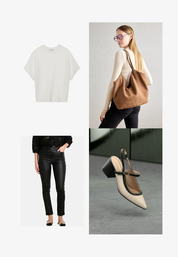 Camiseta blanca de manga corta con cuello redondo amplio y patrón acanalado texturizado, hecha de una tela suave, con un corte relajado y un diseño limpio.; Pantalones skinny de imitación de cuero negros con cintura alta y una textura suave, que cuentan con un cierre frontal de botón y detalles de costura mínimos.; Zapato slingback de punta beige con ribete negro, hebilla dorada y un tacón cuadrado grueso sobre un suelo gris con fondo verde oscuro.; Bolso de tote de ante marrón con textura suave, gran abertura y asas largas. Presenta un diseño sencillo con costuras visibles y sin herrajes.
