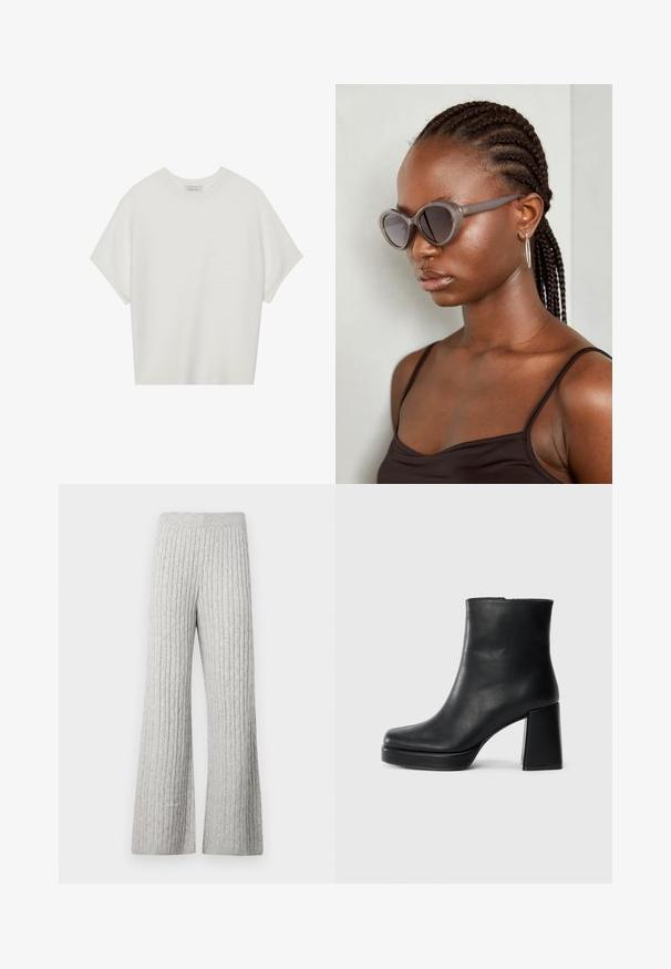T-shirt bianca a maniche corte con scollo rotondo ampio e texture a coste, realizzata in tessuto morbido, caratterizzata da una vestibilità rilassata e un design pulito.; Pantaloni a gamba larga grigi a coste in maglia con un motivo texture e una cintura elastica, caratterizzati da una finitura in tessuto morbido.; Stivale alla caviglia in pelle nera con tacco a blocco e suola platform, visto di lato su uno sfondo bianco uniforme.; Occhiali da sole grigi oversize con forma arrotondata e lenti scure. Montatura in plastica liscia e dal design elegante. Il modello ha i capelli intrecciati.