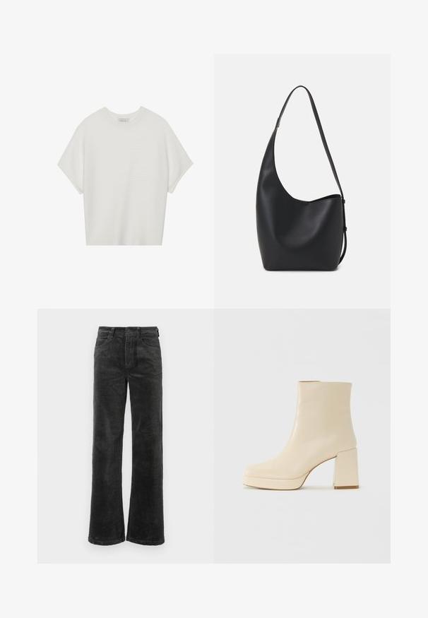 T-shirt blanc à manches courtes avec un large col rond et un motif côtelé texturé, fabriqué en tissu doux, présentant une coupe décontractée et un design épuré.; Pantalons en velours côtelé noir avec jambes larges, dotés de poches avant et d'une fermeture à bouton, texture douce avec un motif en relief.; Botte chelsea en cuir beige avec un talon bloc et une semelle à plateforme, finition lisse et pointe légèrement carrée, tournée vers la gauche sur un fond blanc.; Sac hobo en cuir noir avec une texture lisse, une forme incurvée et une seule sangle réglable ; dispose d'une large ouverture en haut.