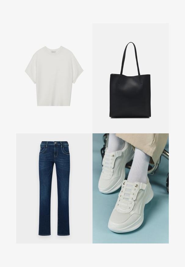 Bílý krátký rukáv tričko s širokým kulatým výstřihem a texturovaným žebrovaným vzorem, vyrobené z měkké látky, s uvolněným střihem a čistým designem.; Tmavě modré džíny z denimu se střihem rovného nohavice, designem s pěti kapsami a standardním zapínáním na knoflík. Obsahují jemné detaily šití.; Bílé tenisky s materiálem z mešové tkaniny, gumovou podrážkou, bezšňůrovým designem s elastickými pásky a zlatými akcenty.; Černá kožená taška přes rameno s hladkým povrchem, obdélníkovým tvarem a dvěma dlouhými uchy. Žádné viditelné kování ani ozdoby.