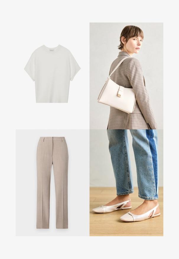 Valge lühikeste varrukatega T-särk laia ümaraha kaelusega ja tekstureeritud ribapatterniga, pehmest kangast, lõdva istuvuse ja puhta disainiga.; Beige kohandatud püksid sirge lõikega, valmistatud tekstuuriga kangast. Omab lameda esiosa ja küljetaskuid. Ei ole nähtavaid kaunistusi.; Kahvatu roosa slingback lapikute jalatsite paar, millel on terav varvas, valmistatud siledast nahataolisest materjalist. Omab külgedel lõikekohti ja lapikut kontsa.; Valge nahast käekott struktureeritud disainiga, millel on magnetlukk ja õlavarre rihm, esitletud neutraalse tausta ees.