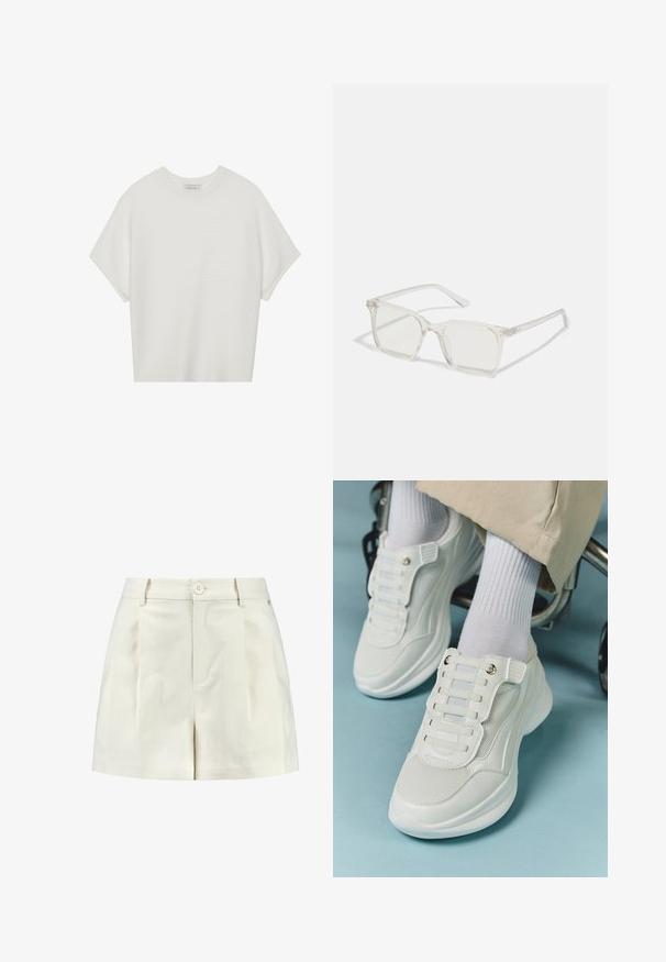 Fehér, rövid ujjú póló széles kerek nyakkivágással és textúrázott, bordás mintával, puha anyagból készült, laza fazonú és letisztult dizájnú.; Fehér, texturált anyagból készült bermuda, sima elejével, két oldalzsebével és egy gombos derékzárásával.; Fehér sportcipők, amelyek hálós anyagból készültek, gumitalpúak, fűző nélküli kialakítással, rugalmas pántokkal és arany színű kiegészítőkkel rendelkeznek.; Átlátszó műanyag négyzet alakú szemüveg, áttetsző lencsékkel, arany díszítéssel a szárakon a fokozott részletekért.